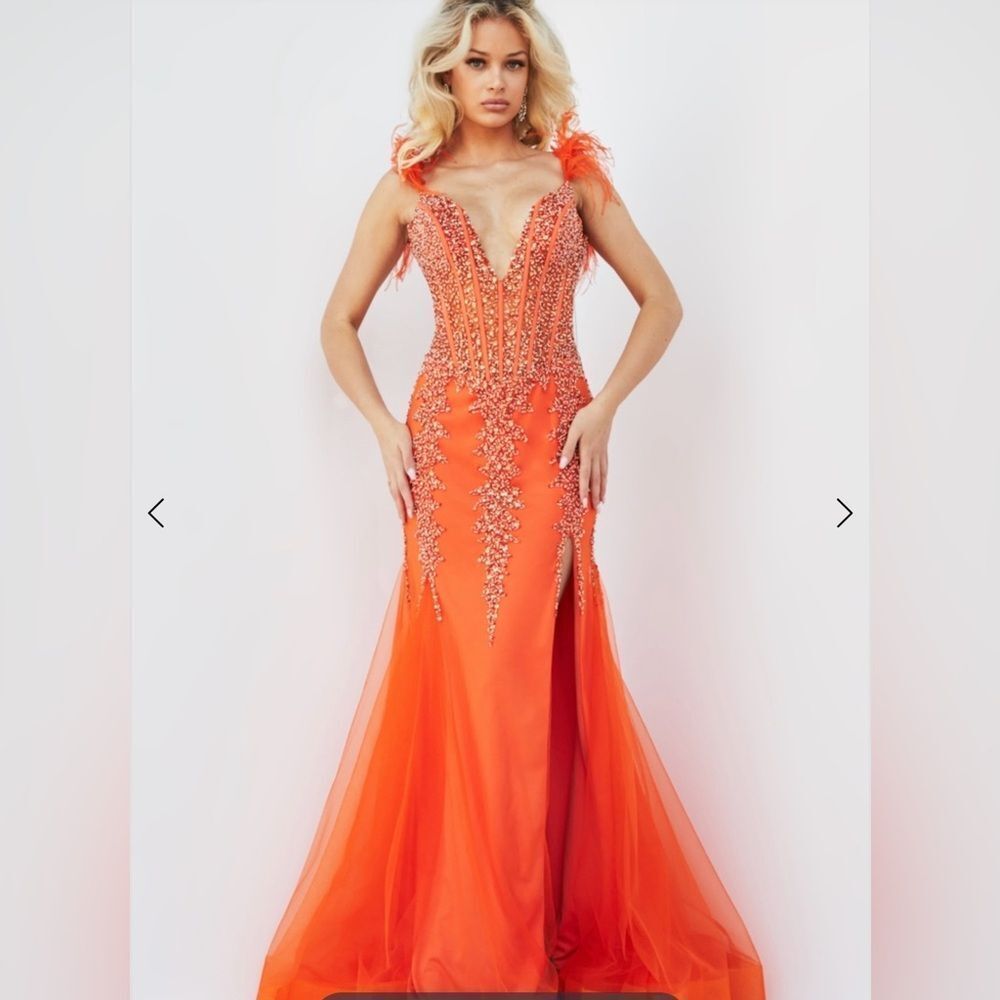 Jovani Vibrant Orange Feather-Trim Beaded Mermaid Gown - Picture 3 of 16